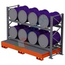 Scaffalatura metallica industriale con vasca di contenimento per 8 fusti olio 220 Lt, in orizzontale su 2 livelli, colore arancio RAL 2004