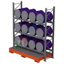 Scaffalatura metallica industriale con vasca di contenimento per 12 fusti olio 220 Lt, in orizzontale su 3 livelli, colore arancio RAL 2004