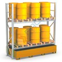 Scaffalatura con vasca di contenimento per lo stoccaggio di 12/16 fusti olio 200 Lt, versione a 2 ripiani, colore arancio RAL 2004