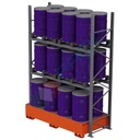 Scaffalatura metallica industriale con vasca di contenimento per 24 fusti olio 220 Lt (8 su vasca + 16 su scaffale), colore arancio RAL 2004