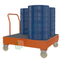 Vasca di contenimento liquidi in acciaio, con 4 ruote, ideale per 4 fusti, volume di raccolta 280 Lt, Mis. 1340 L x 1250 P x 440 (con manico 1170) H mm, colore arancio RAL 2001