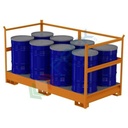 Vasca di contenimento liquidi in acciaio, con pareti a fascia, ideale per 8 fusti, volume di raccolta 612 Lt, Mis. 2720 L x 1250 P x 1280 H mm, colore arancio RAL 2004