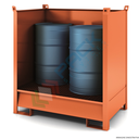 Vasca di contenimento liquidi in acciaio, con pareti in lamiera, ideale per 2 fusti, volume di raccolta 230 Lt, Mis. 1350 L x 860 P x 1460 H mm, colore arancio RAL 2001
