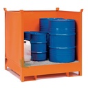 Vasca di contenimento liquidi in acciaio, con pareti in lamiera, ideale per 4 fusti, volume di raccolta 271 Lt, Mis. 1340 L x 1250 P x 1300 H mm, colore arancio RAL 2004