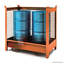 Vasca di contenimento liquidi in acciaio, con pareti in rete, ideale per 2 fusti, volume di raccolta 230 Lt, Mis. 1350 L x 860 P x 1460 H mm, colore arancio RAL 2001