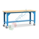 Banco da lavoro con ruote, piano in legno con gambe regolabili in altezza, Mis. 2000 L x 750 P x 887/1262 H mm, colore blu