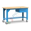 Banco da lavoro con ruote, piano in legno e 1 cassetto, gambe regolabili in altezza, Mis. 1500 L x 750 P x 887/1262 H mm, colore blu
