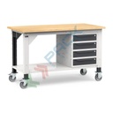 Banco da lavoro con ruote, piano in legno e 4 cassetti, gambe regolabili in altezza, Mis. 1500 L x 750 P x 887/1262 H mm, colore grigio