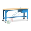 Banco da lavoro con ruote, piano in legno e 1 cassetto, gambe regolabili in altezza, Mis. 2000 L x 750 P x 887/1262 H mm, colore blu