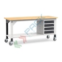 Banco da lavoro con ruote, piano in legno e 4 cassetti, gambe regolabili in altezza, Mis. 2000 L x 750 P x 887/1262 H mm, colore grigio