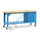 Banco da lavoro con ruote, piano in legno e 4 cassetti, gambe regolabili in altezza, Mis. 2000 L x 750 P x 887/1262 H mm, colore blu