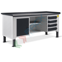 Banco da lavoro piano in acciaio con gambe regolabili, cassettiera a 4 cassetti + cassettiera con 1 anta, Mis. 2007 L x 704 P x 737/1112 H mm, colore antracite/grigio chiaro