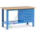 Banco da lavoro piano in legno con gambe regolabili, 4 cassetti, Mis. 1500 L x 750 P x 740/1100 H mm, colore blu