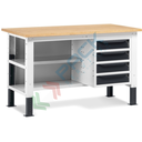 Banco da lavoro piano in legno con gambe regolabili, 4 cassetti e 2 semipiani, Mis. 1500 L x 750 P x 740/1100 H mm, colore antracite/grigio chiaro