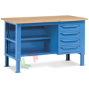 Banco da lavoro piano in legno con gambe regolabili, 4 cassetti e 2 semipiani, Mis. 1500 L x 750 P x 740/1100 H mm, colore blu
