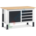 Banco da lavoro piano in legno con gambe regolabili, 4 cassetti e un armadio con porta, Mis. 1500 L x 750 P x 740/1100 H mm, colore antracite/grigio chiaro