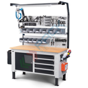 Banco da lavoro piano in legno con gambe regolabili e pannello, Mis. 1500 L x 750 P x 740/1100 H mm, colore antracite/grigio chiaro