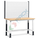 Banco da lavoro piano in legno con gambe regolabili e parete attrezzata, Mis. 1500 L x 750 P x 740/1100 H mm, colore antracite/grigio chiaro
