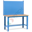 Banco da lavoro piano in legno con gambe regolabili e parete attrezzata, Mis. 1500 L x 750 P x 740/1100 H mm, colore blu