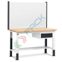 Banco da lavoro piano in legno con gambe regolabili, 1 cassetto e parete attrezzata, Mis. 1500 L x 750 P x 740/1100 H mm, colore antracite/grigio chiaro