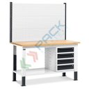 Banco da lavoro piano in legno con gambe regolabili, 4 cassetti e parete attrezzata, Mis. 1500 L x 750 P x 740/1100 H mm, colore antracite/grigio chiaro