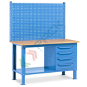 Banco da lavoro piano in legno con gambe regolabili, 4 cassetti e parete attrezzata, Mis. 1500 L x 750 P x 740/1100 H mm, colore blu