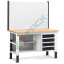 Banco da lavoro piano in legno con gambe regolabili, 4 cassetti, semipiano e parete attrezzata, Mis. 1500 L x 750 P x 740/1100 H mm, colore antracite/grigio chiaro