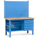 Banco da lavoro piano in legno con gambe regolabili, 4 cassetti, semipiano e parete attrezzata, Mis. 1500 L x 750 P x 740/1100 H mm, colore blu