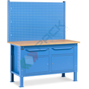 Banco da lavoro piano in legno con gambe regolabili, 2 cassetti, 2 armadi con porta e parete attrezzata, Mis. 1500 L x 750 P x 740/1100 H mm, colore blu