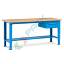 Banco da lavoro piano in legno con gambe regolabili, 1 cassetto, Mis. 2000 L x 750 P x 740/1100 H mm, colore blu