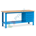 Banco da lavoro piano in legno con gambe regolabili, 4 cassetti, Mis. 2000 L x 750 P x 740/1100 H mm, colore blu