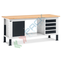 Banco da lavoro piano in legno con gambe regolabili, 4 cassetti + 1 con porta, Mis. 2000 L x 750 P x 740/1100 H mm, colore antracite/grigio chiaro