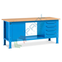 Banco da lavoro piano in legno con gambe regolabili, 4 cassetti + 1 con porta, Mis. 2000 L x 750 P x 740/1100 H mm, colore blu