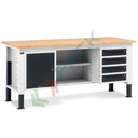 Banco da lavoro piano in legno con gambe regolabili, 4 cassetti + 1 con porta e 2 semipiani, Mis. 2000 L x 750 P x 740/1100 H mm, colore antracite/grigio chiaro