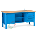 Banco da lavoro piano in legno con gambe regolabili, 4 cassetti + 1 con porta e 2 semipiani, Mis. 2000 L x 750 P x 740/1100 H mm, colore blu