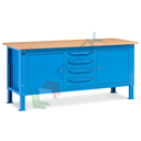 Banco da lavoro piano in legno con gambe regolabili, 4 cassetti + 2 con porta, Mis. 2000 L x 750 P x 740/1100 H mm, colore blu