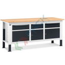 Banco da lavoro piano in legno con gambe regolabili, 3 armadi con cassetto e porta, Mis. 2000 L x 750 P x 740/1100 H mm, colore antracite/grigio chiaro