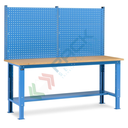 Banco da lavoro piano in legno con gambe regolabili e parete attrezzata, Mis. 2000 L x 750 P x 740/1100 H mm, colore blu