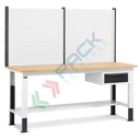 Banco da lavoro piano in legno con gambe regolabili, parete attrezzata e cassetto, Mis. 2000 L x 750 P x 740/1100 H mm, colore antracite/grigio chiaro