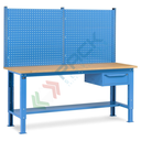 Banco da lavoro piano in legno con gambe regolabili, parete attrezzata e cassetto, Mis. 2000 L x 750 P x 740/1100 H mm, colore blu