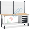 Banco da lavoro piano in legno con gambe regolabili, parete attrezzata e 4 cassetti, Mis. 2000 L x 750 P x 740/1100 H mm, colore antracite/grigio chiaro