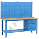 Banco da lavoro piano in legno con gambe regolabili, parete attrezzata e 4 cassetti, Mis. 2000 L x 750 P x 740/1100 H mm, colore blu