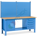 Banco da lavoro piano in legno con gambe regolabili, parete attrezzata, 4 cassetti e 1 con porta, Mis. 2000 L x 750 P x 740/1100 H mm, colore blu