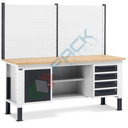 Banco da lavoro piano in legno con gambe regolabili, parete attrezzata, 4 cassetti e 1 con porta e semipiano, Mis. 2000 L x 750 P x 740/1100 H mm, colore antracite/grigio chiaro