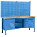 Banco da lavoro piano in legno con gambe regolabili, parete attrezzata, 4 cassetti e 1 con porta e semipiano, Mis. 2000 L x 750 P x 740/1100 H mm, colore blu