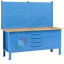 Banco da lavoro piano in legno con gambe regolabili, parete attrezzata, 4 cassetti e 2 con porta, Mis. 2000 L x 750 P x 740/1100 H mm, colore blu