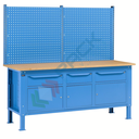Banco da lavoro piano in legno con gambe regolabili, parete attrezzata, 3 armadi con porta parziale e 1 cassetto, Mis. 2000 L x 750 P x 740/1100 H mm, colore blu