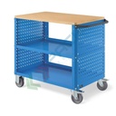 Carrello da officina in lamiera, Mis. 1030 L x 615 P x 868 H mm, 3 ripiani (1 in legno), pannelli forati laterali, colore blu RAL 5012