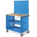 Carrello da officina in lamiera, Mis. 1030 L x 633 P x 1538 H mm, 3 ripiani (1 in legno), pannelli forati laterali, parete forata, colore blu RAL 5012