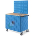 Carrello da officina in lamiera, Mis. 1030 L x 658 P x 1538 H mm, 3 ripiani (1 in legno), pannelli forati, parete forata, due porte con serratura, colore blu RAL 5012